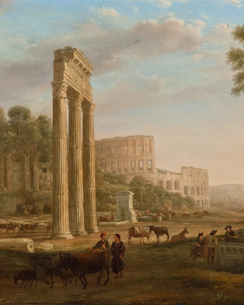 A painting by Claude Lorrain of the Roman Forum: three tall columns of a ruined temple, with the Colosseum behind